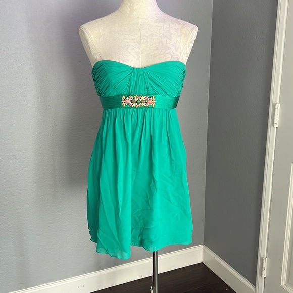 BCBG Maxazria Strapless Emerald Silk Dress - Picture 2 of 8